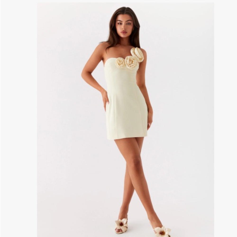 Peppermayo Butter Yellow Strapless Dress with Floral Accents